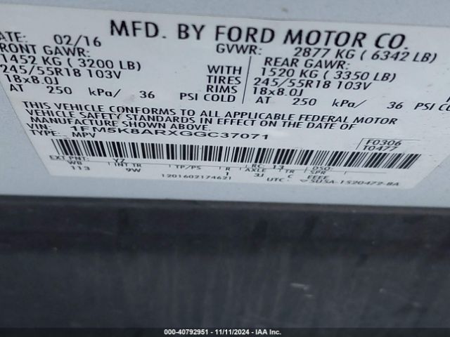 1FM5K8ARXGGC37071 Ford Utility Police Interceptor