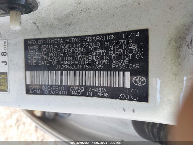 Toyota Prius One 2015 JTDKN3DU1F1899785 Image 9
