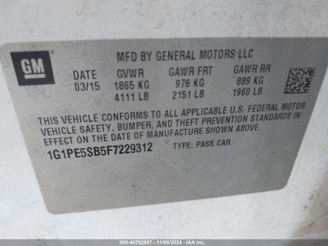 1G1PE5SB5F7229312 Chevrolet Cruze 2lt Auto