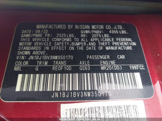 JN1BJ1BV3NW350170 Nissan Rogue Sport Sv Fwd Xtronic Cvt