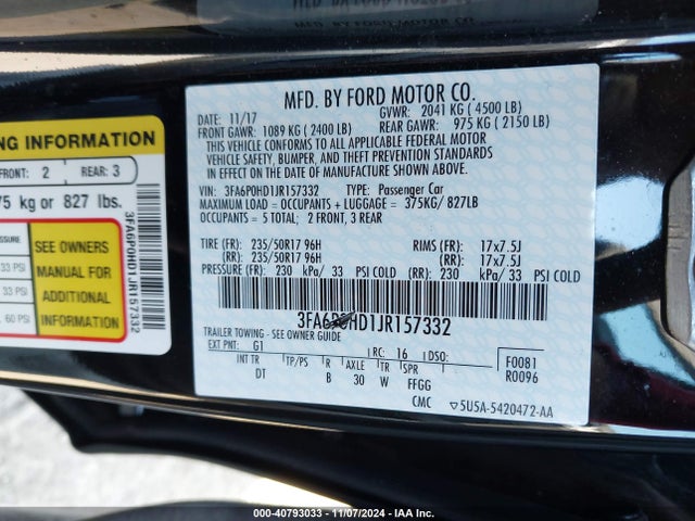 Ford FUSION SE 2018 3FA6P0HD1JR157332 Image 9