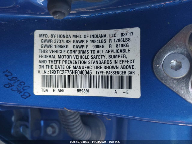 Honda CIVIC EX 2017 19XFC2F75HE040045 Image 9