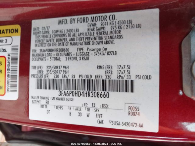 3FA6P0HD4HR308660 Ford FUSION SE