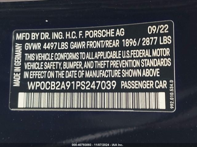 WP0CB2A91PS247039 Porsche 911 Carrera 4 Gts /carrera 4s /carrera Gts /carrera S