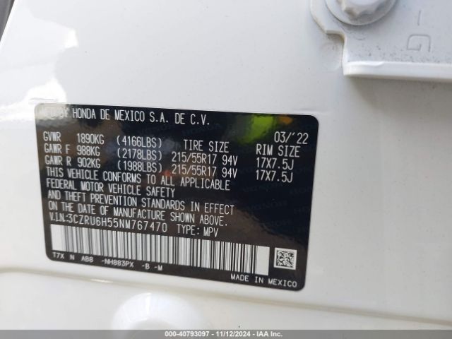 3CZRU6H55NM767470 Honda Hr-v Awd Ex