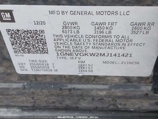1GNEVGKW2MJ141421 Chevrolet Traverse Awd Lt Cloth