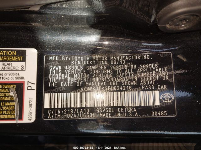 4T1BK1FK2EU024216 Toyota Camry Xle V6