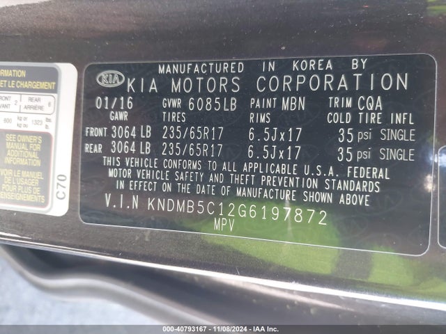 KIA SEDONA LX 2016 KNDMB5C12G6197872 Image 9