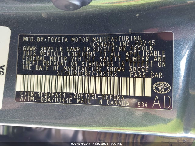 2T1BURHE6FC392353 Toyota COROLLA L