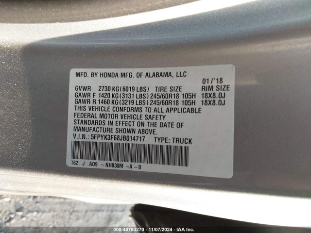 Honda Ridgeline Rtl-t 2018 5FPYK3F68JB014717 Image 9