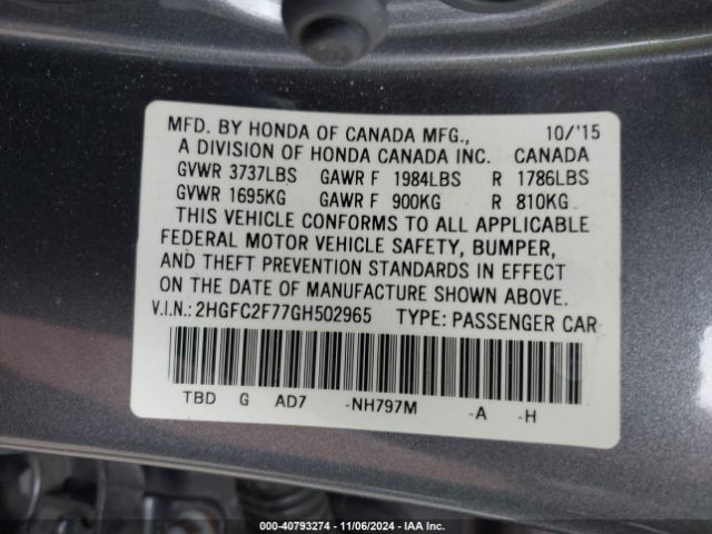 2HGFC2F77GH502965 Honda CIVIC EX