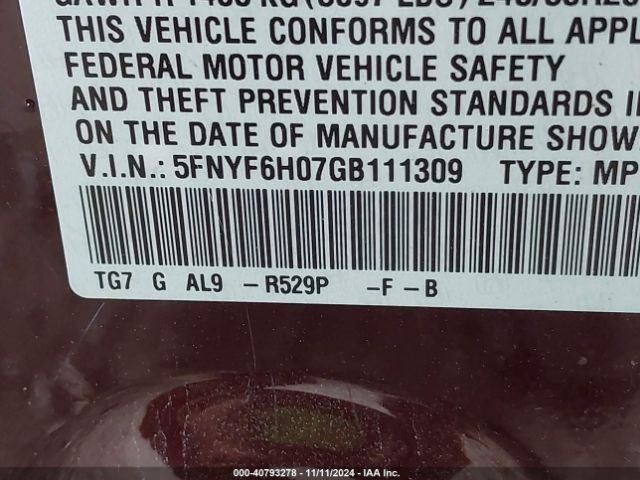 5FNYF6H07GB111309 Honda Pilot Elite