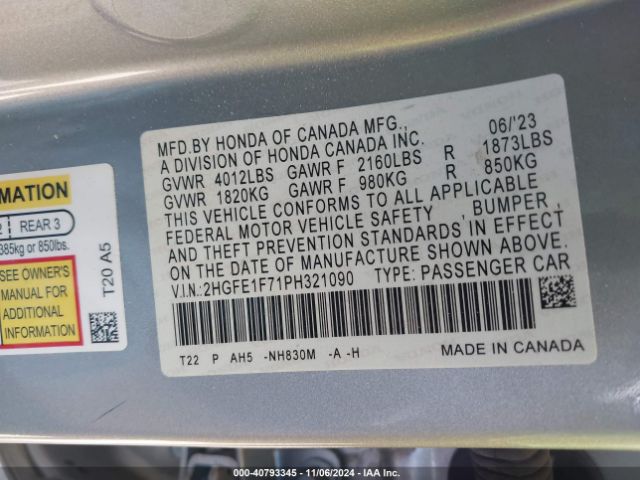 Honda Civic Ex /ex W/o Bsi 2023 2HGFE1F71PH321090 Image 9