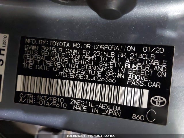 JTDEBRBE0LJ026366 Toyota Corolla Hybrid Le