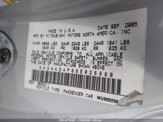 2006 MITSUBISHI ECLIPSE 4A3AK24F66E026880 Photo 8