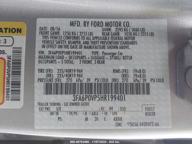 3FA6P0VP5HR199401 Ford Fusion Sport