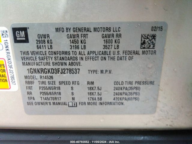 1GNKRGKD3FJ278537 Chevrolet Traverse 1lt