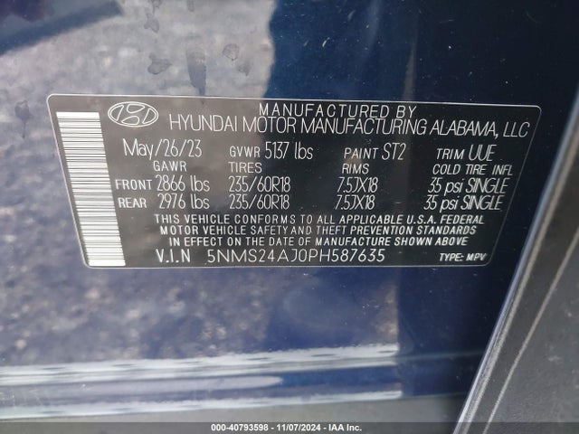 5NMS24AJ0PH587635 Hyundai Santa Fe Sel