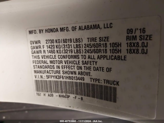 Honda Ridgeline Rtl-t 2017 5FPYK3F61HB013449 Image 9