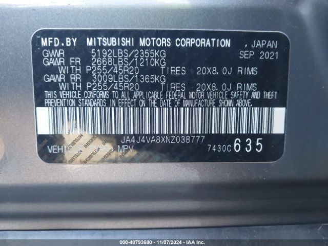 JA4J4VA8XNZ038777 Mitsubishi Outlander Sel 2.5