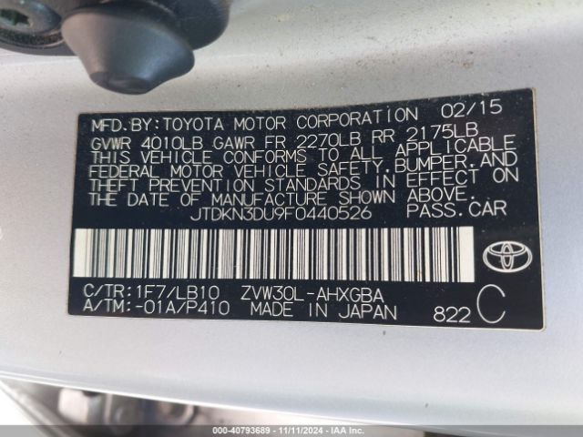 JTDKN3DU9F0440526 Toyota Prius Four