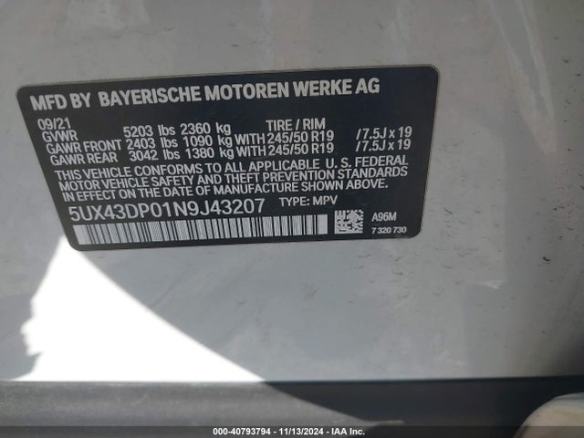 BMW X3 Sdrive30i 2022 5UX43DP01N9J43207 Image 9