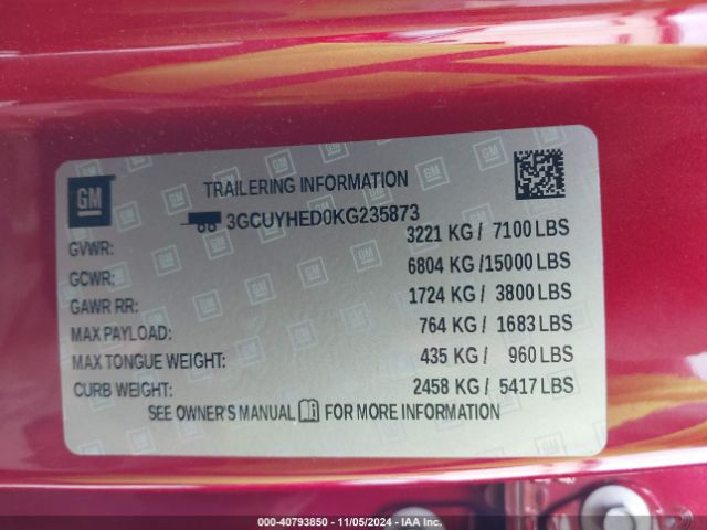 3GCUYHED0KG235873 Chevrolet Silverado 1500 High Country