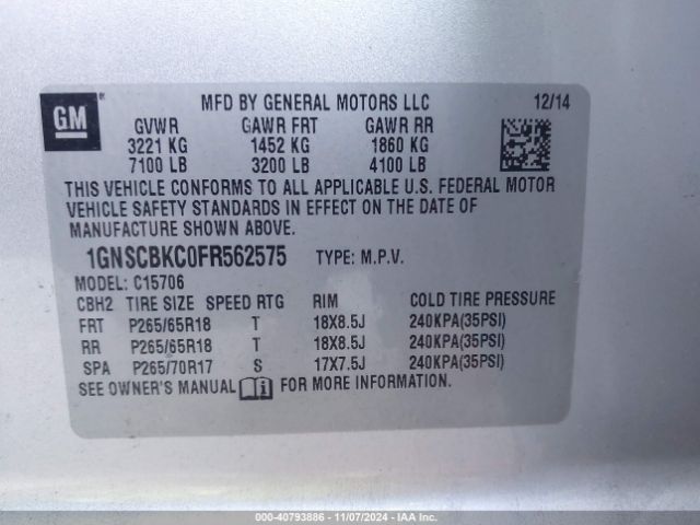 1GNSCBKC0FR562575 Chevrolet Tahoe Lt