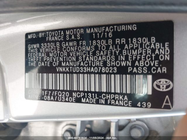 VNKKTUD33HA078023 Toyota YARIS L