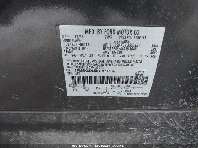 Ford EXPLORER XLT 2019 1FM5K8D85KGA71134 Image 9