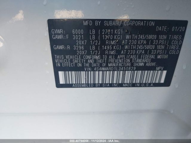 4S4WMARD1L3450829 Subaru Ascent Touring