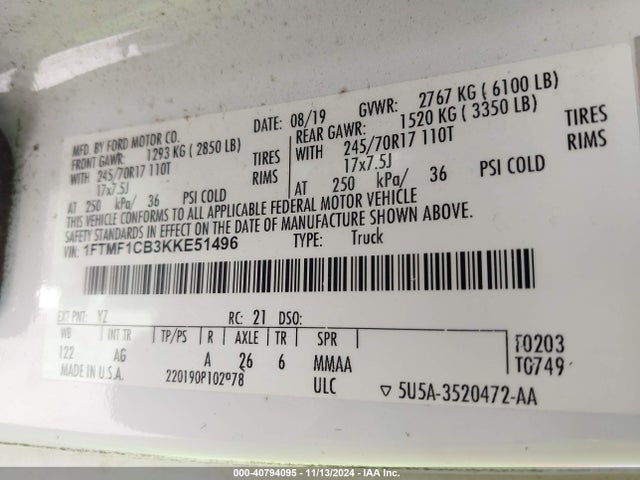 Ford F-150 Xl 2019 1FTMF1CB3KKE51496 Image 9