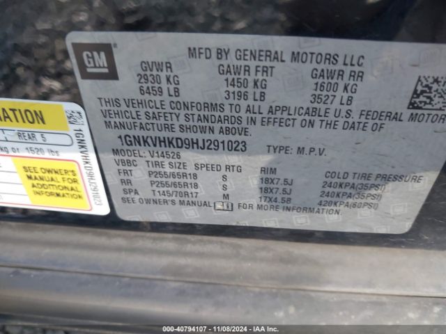 1GNKVHKD9HJ291023 Chevrolet Traverse 2lt