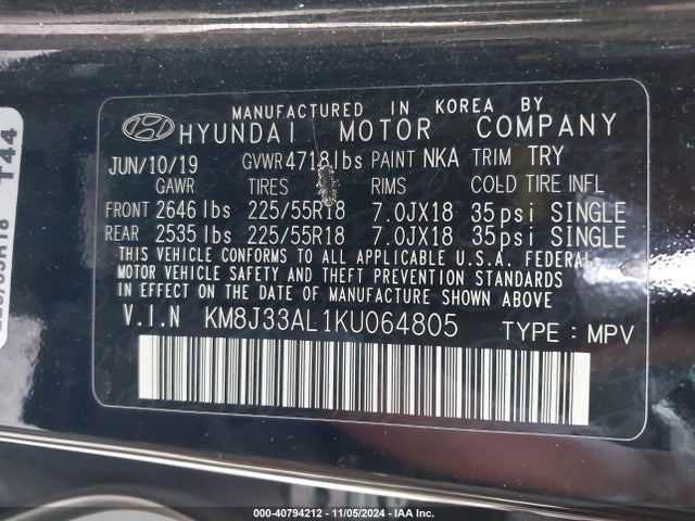 Hyundai TUCSON SEL 2019 KM8J33AL1KU064805 Image 9