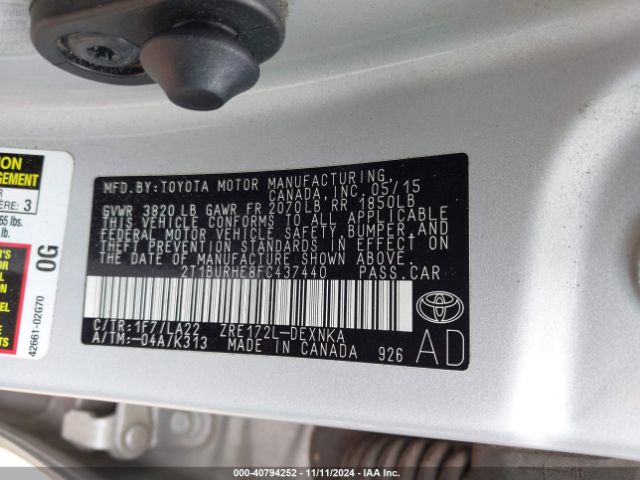2T1BURHE8FC437440 Toyota Corolla Le Premium