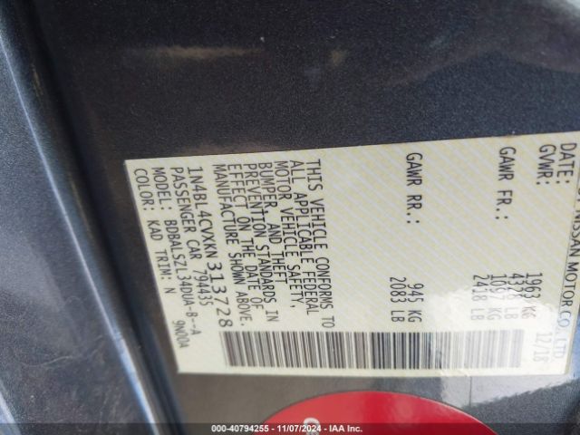 1N4BL4CVXKN313728 Nissan Altima 2.5 Sr