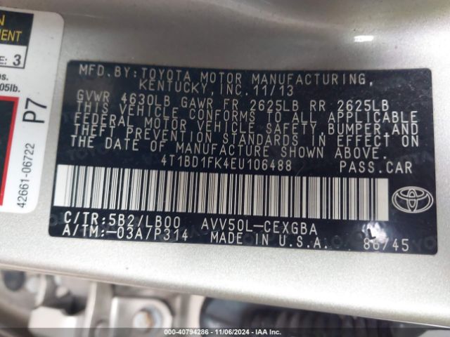 4T1BD1FK4EU106488 Toyota Camry Hybrid Xle