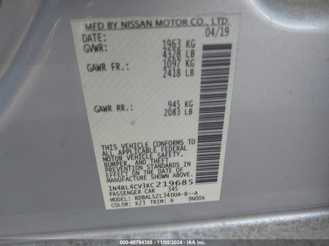 Nissan Altima 2.5 Sr 2019 1N4BL4CV3KC219685 Image 9