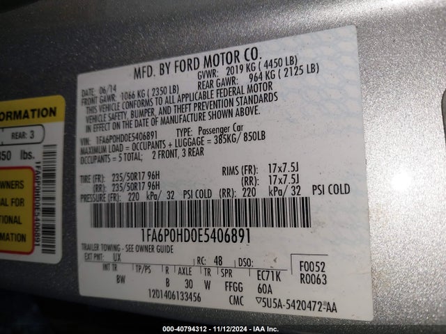 Ford FUSION SE 2014 1FA6P0HD0E5406891 Image 9