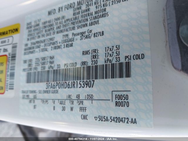 3FA6P0HD6JR153907 Ford FUSION SE