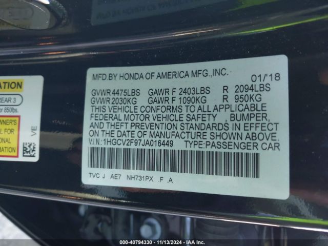 1HGCV2F97JA016449 Honda Accord Touring 2.0t