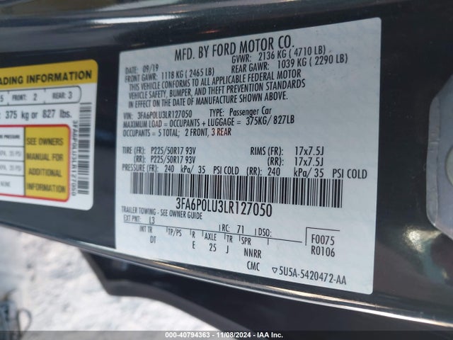 Ford Fusion Hybrid Se 2020 3FA6P0LU3LR127050 Image 9