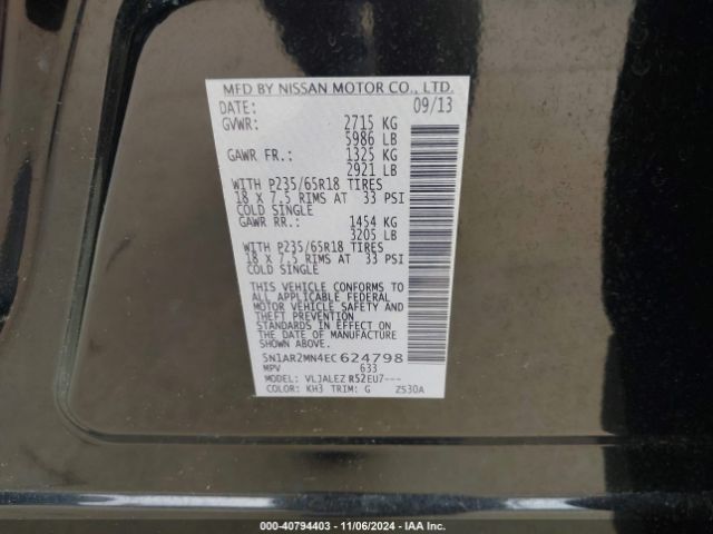 5N1AR2MN4EC624798 Nissan Pathfinder Sv