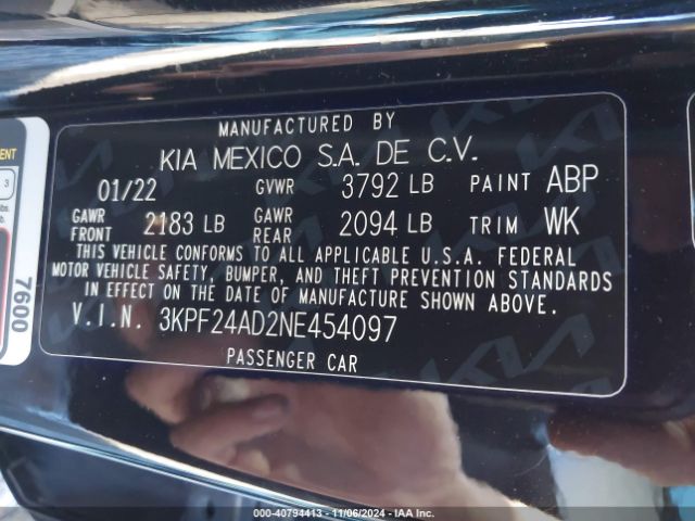 3KPF24AD2NE454097 KIA FORTE FE