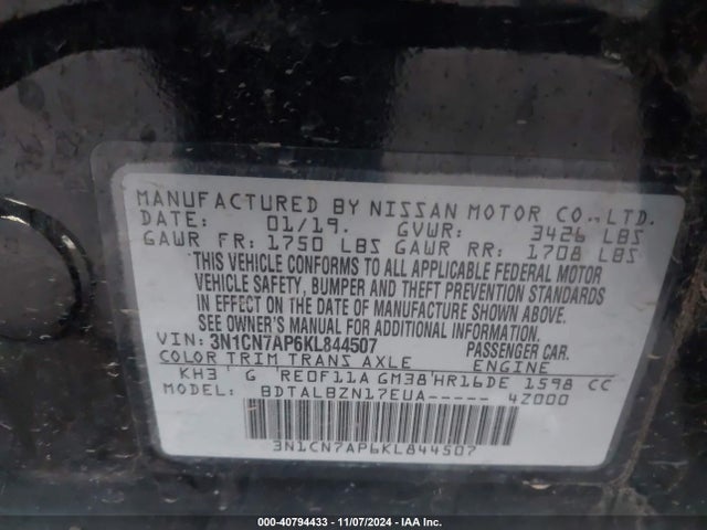 Nissan Versa 1.6 Sv 2019 3N1CN7AP6KL844507 Image 9