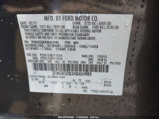2FMGK5D83HBA04989 Ford Flex Limited