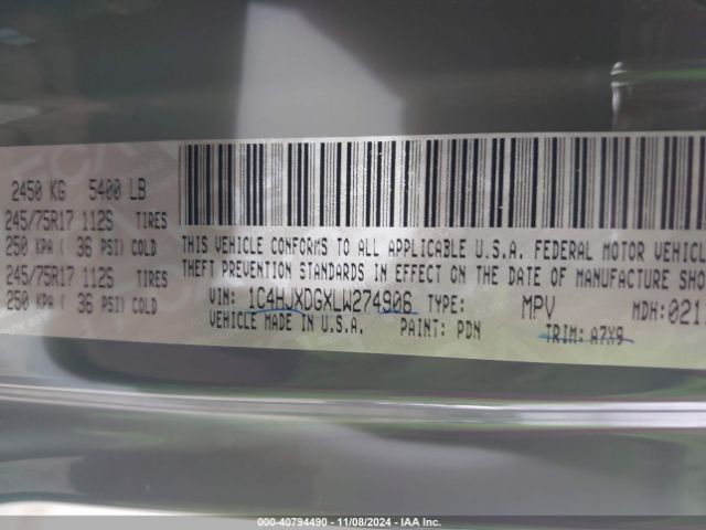 1C4HJXDGXLW274906 Jeep Wrangler Unlimited Sport S 4x4