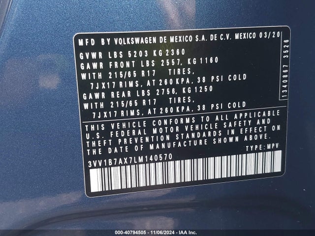 3VV1B7AX7LM140570 Volkswagen Tiguan 2.0t S