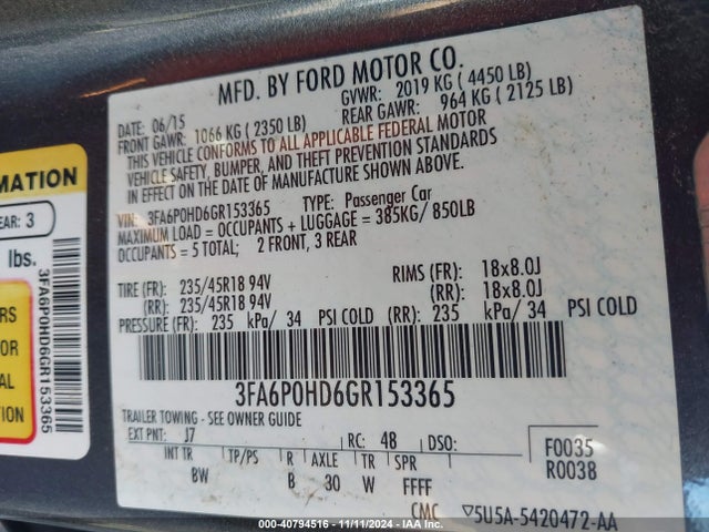 Ford FUSION SE 2016 3FA6P0HD6GR153365 Image 9
