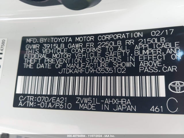 JTDKARFU9H3535102 Toyota Prius
